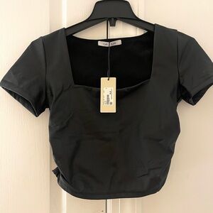 MIXOLOGY SQUARE NECK LEATHER CROP TOP